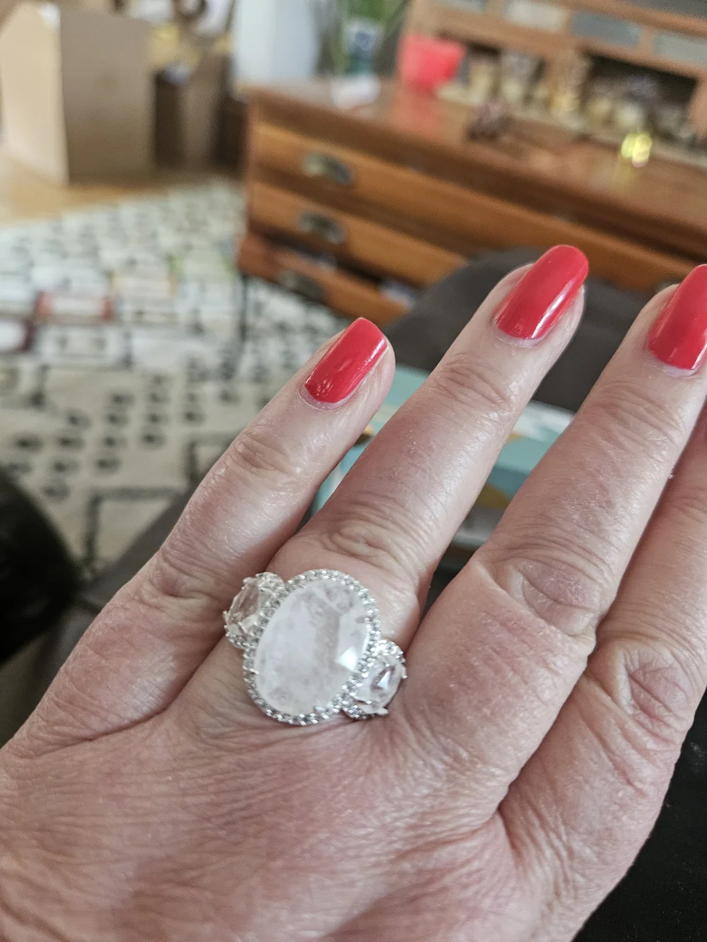 Bomb Party Silver-Tone White Oval Halo Ring with Side Stones - Sz 10